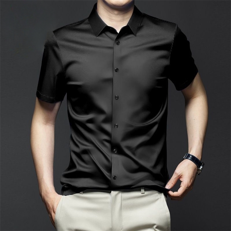 5XL Mens Dress Shirt Short Sleeve Basic Fashion Solid Ice Silk Non Iron Wrinkle Summer Business Soft Casual Black Blouse250825