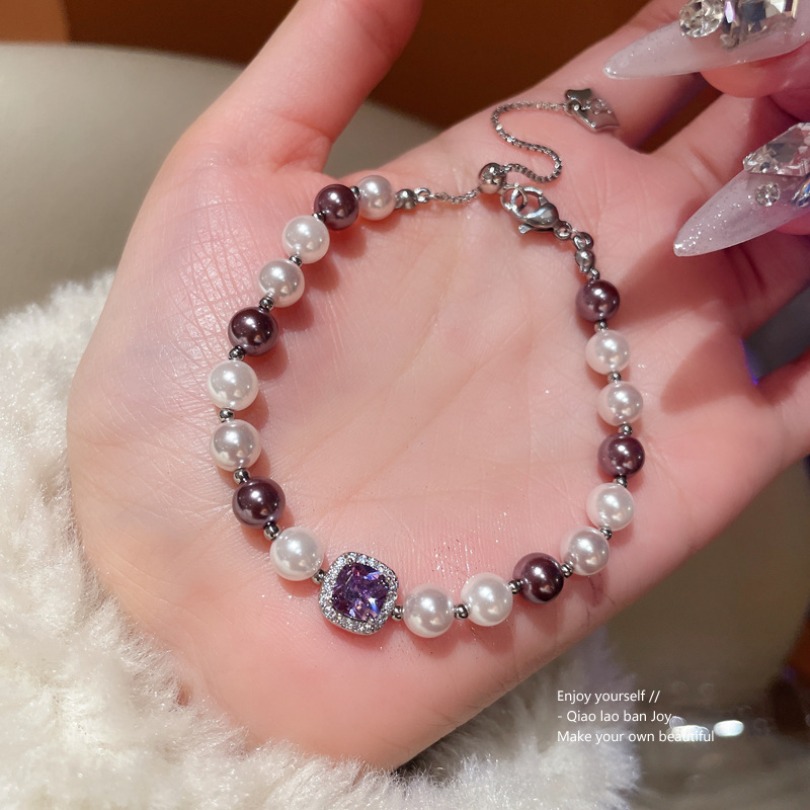 Silver - Tone Two - Tone Pearl Purple Gem Bracelets Elegant And Sparkling Party And Daily Wear Gift For Her Charming And Luxurious Jewelry