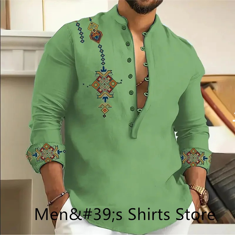 2024 Mens Hawaiian Shirt Long Sleeve Oversized V Neck 3D Vintage Shirt High Quality Four Seasons Large Size Clothing Multicolor250825