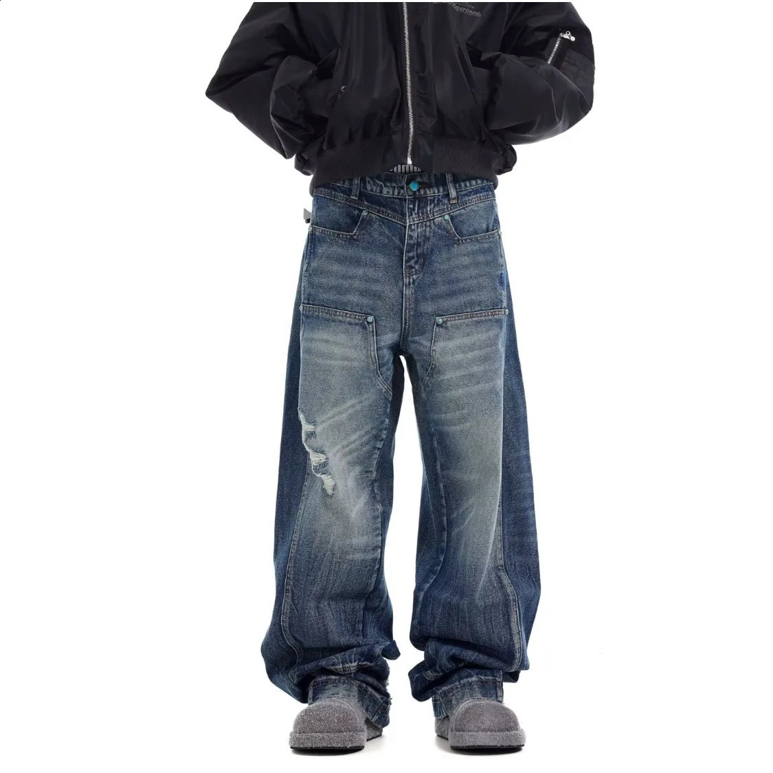 DM Men Blue Y2k Ripped Boyfriend Jeans Harajuku Baggy Denim Trouser Vintage Style Oversize Jean Long Pants Clothes 250826