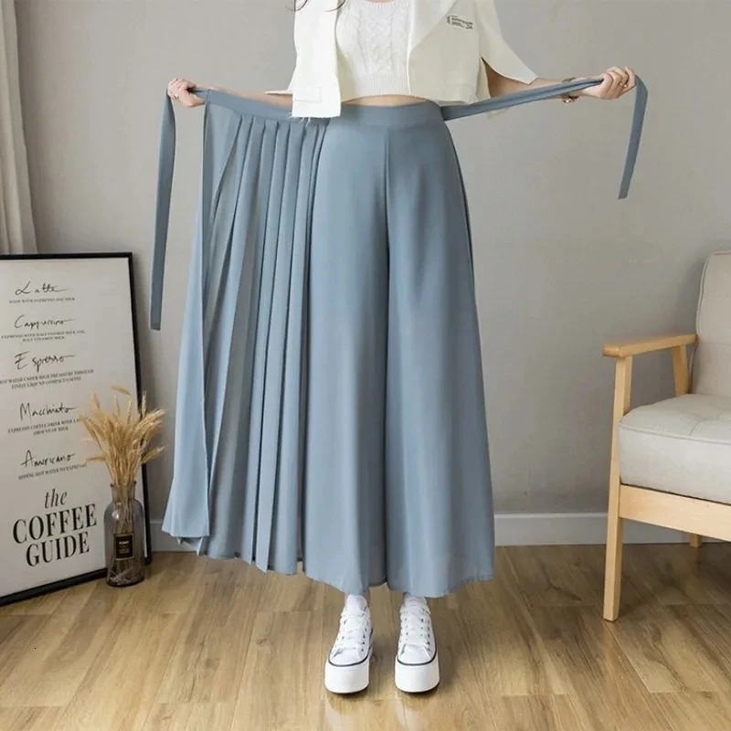 Spring Summer Style Korean Women Pleated Chiffon Trousers High Waist Pants Hakama Casual Wide Leg Pantalones250825