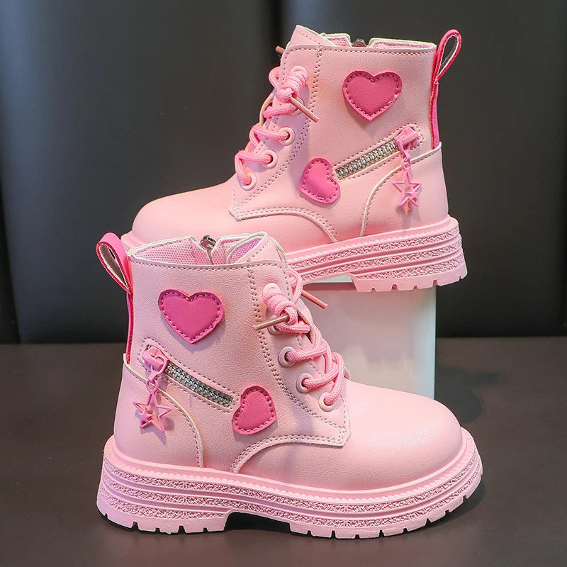 Girls Boots Kids Fashion Rubber Boots Cool Girl Autumn and Winter Cotton Soft Sole Pink with Love Side Zip Princess Roundtoe PU250825ww