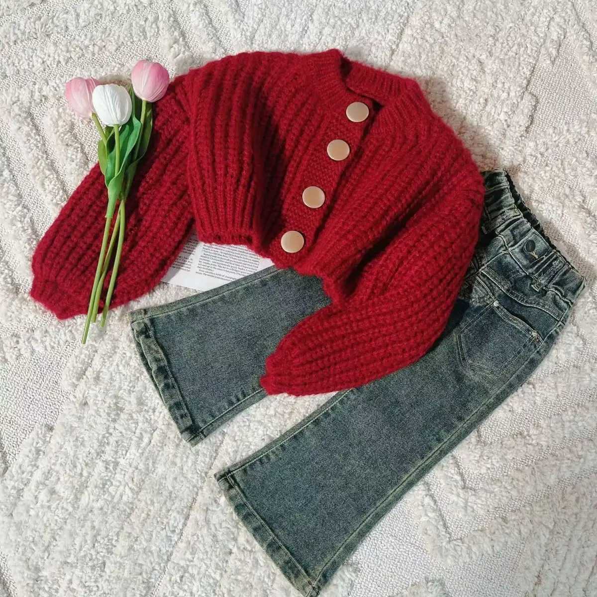 Childrens Sweater Set Spring and Autumn New Girl Baby Red Cardigan Coat+Jeans 2-piece Set XJ250815