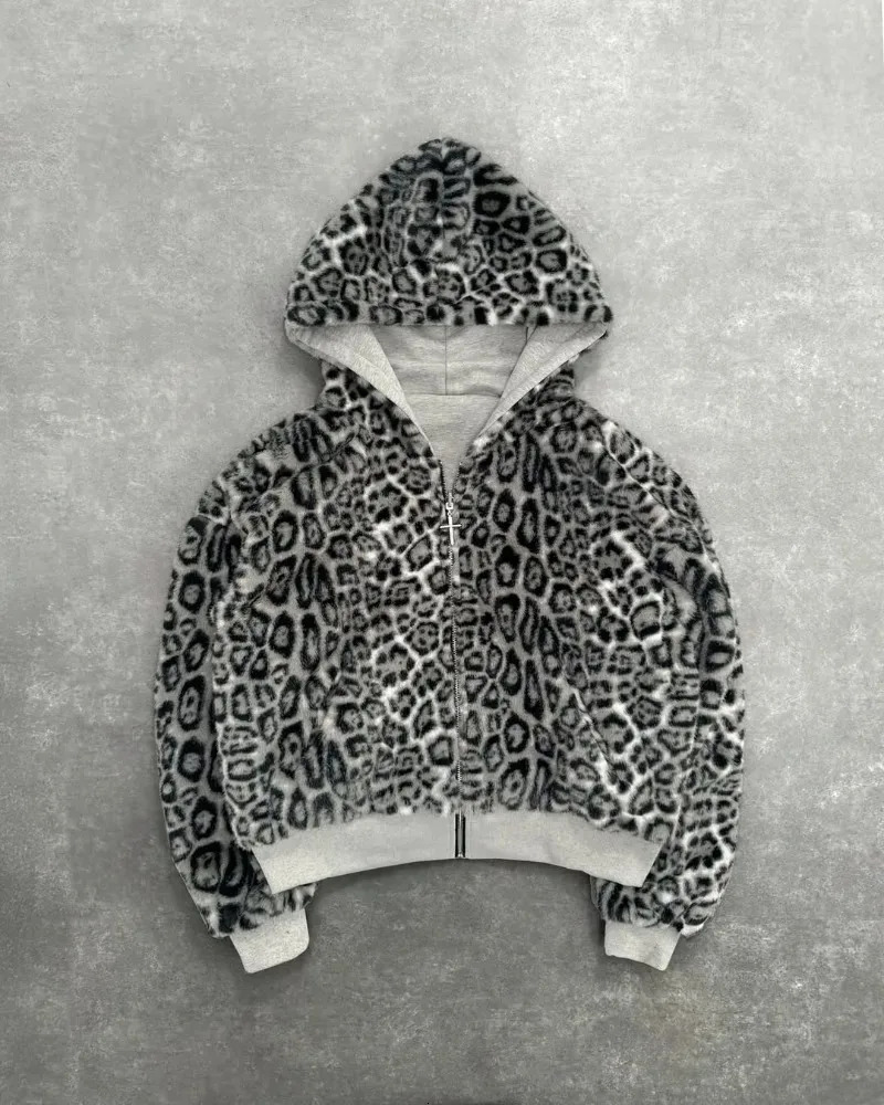 Twosided Clothing Harajuku Retro Leopard Print Fashionable Loose Zipper Hoodie Men Street Hiphop Casual Sweatshirt Women 250818