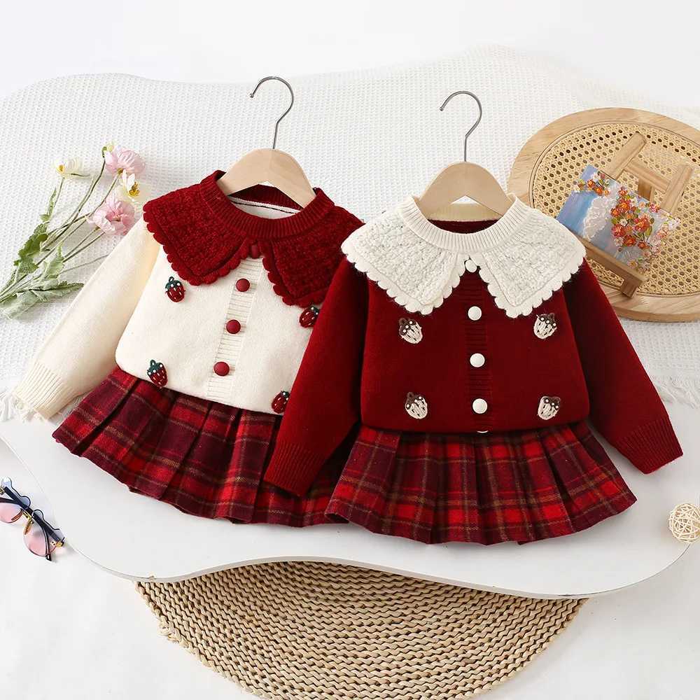 2-6 Years Old Girls Clothing Set Big Turn Down Collar Knit Wear Plaid Pleated Skirt 2 Piece Sweater Suit XJ250815