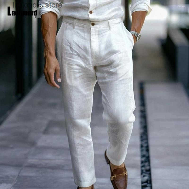 Mens Linen Beach Pants Solid White Casual Trousers with Stand Pocket-Ankle-Length Summer Bottoms Plus Size Available Z250825