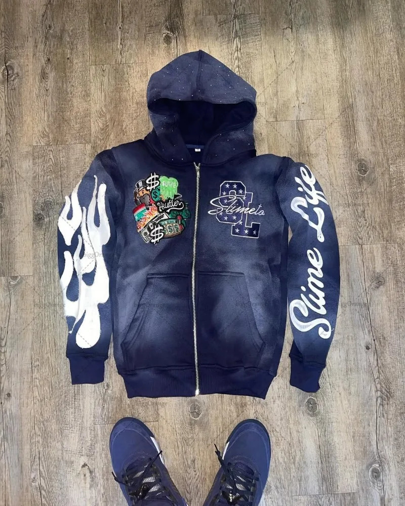 Retro Takashi Harajuku Fashion Clothing Colorful Personalized Letters Oversized Zipper Sweatshirt Casual Loose Hoodie Men 250815