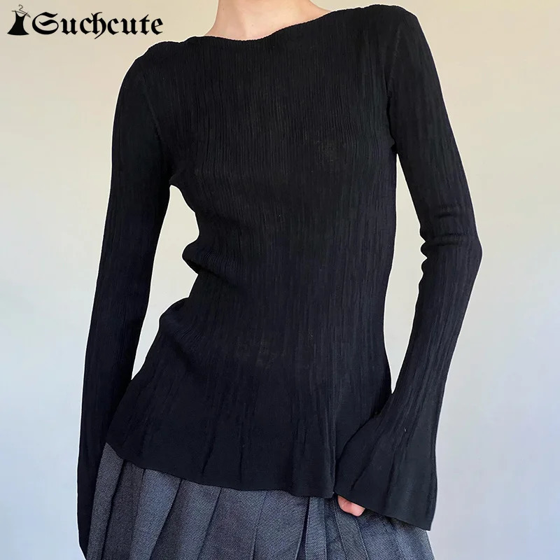 SUCHCUTE Solid Color Knitted Flare Sleeve Ribbed T Shirts Women Autumn Winter Casual Fashion Tops Streetwear Basic Slim Fit Tees 250826