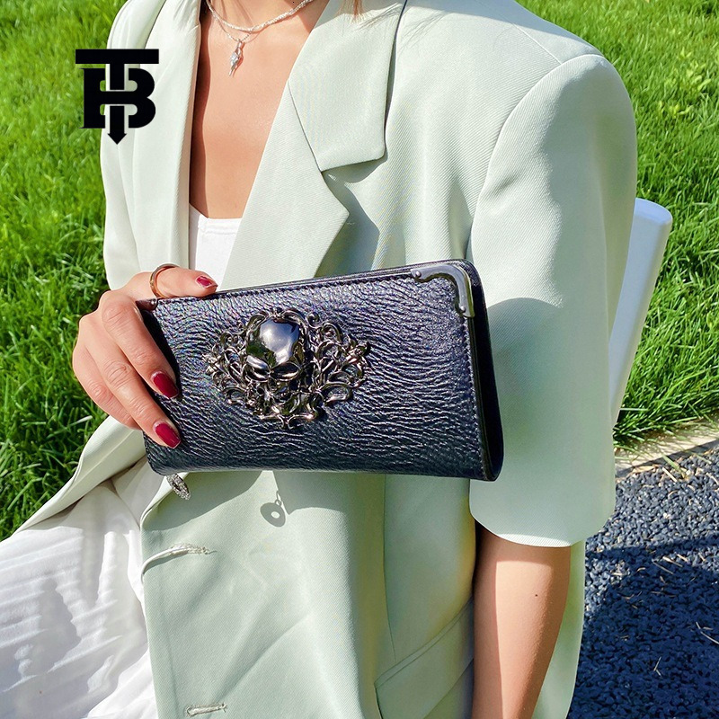 TB BHULAMTE Luxury New Handbag Fashion Skull Personalized Long Women's Wallet Designer Punk Hand Zipper Phone Bag Trendy Coin Bag Key Storage B