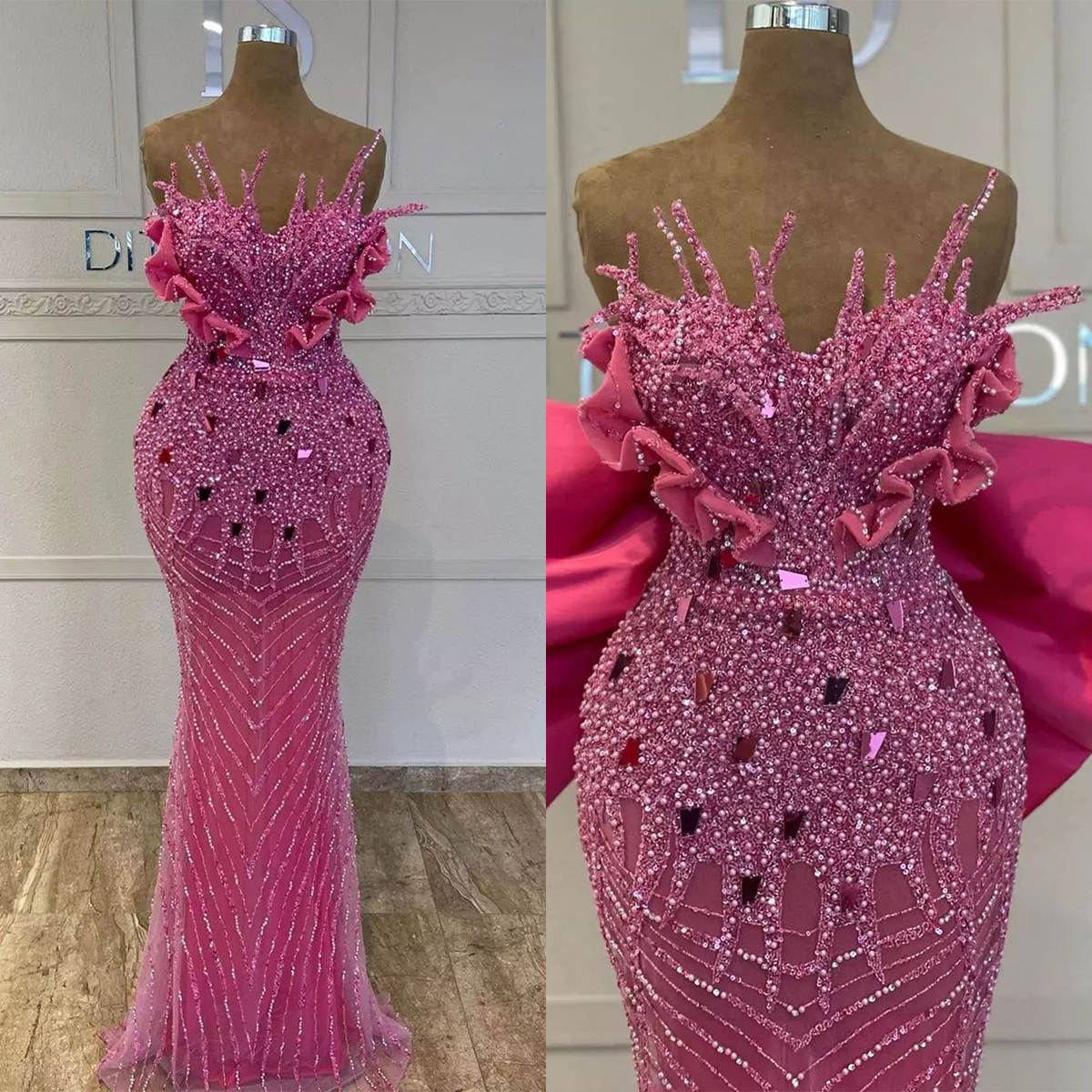 Stunning Customized Sequins Prom Gowns Strapless Floor Length Mermaid Evening Dresses Beaededs Birthday Party Dresses