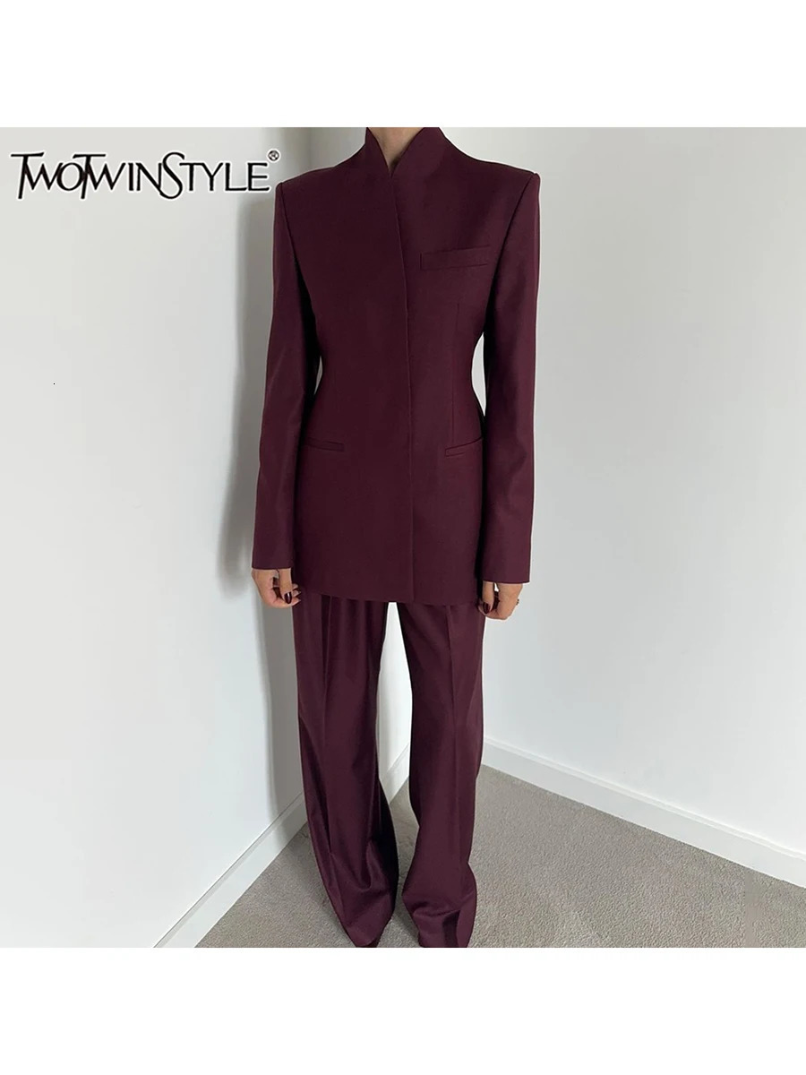 TWOTYLE Solid Two Piece Set For Women Stand Collar Long Sleeve Tops High Waist Spliced Button Long Pants Fashion Set Female250825