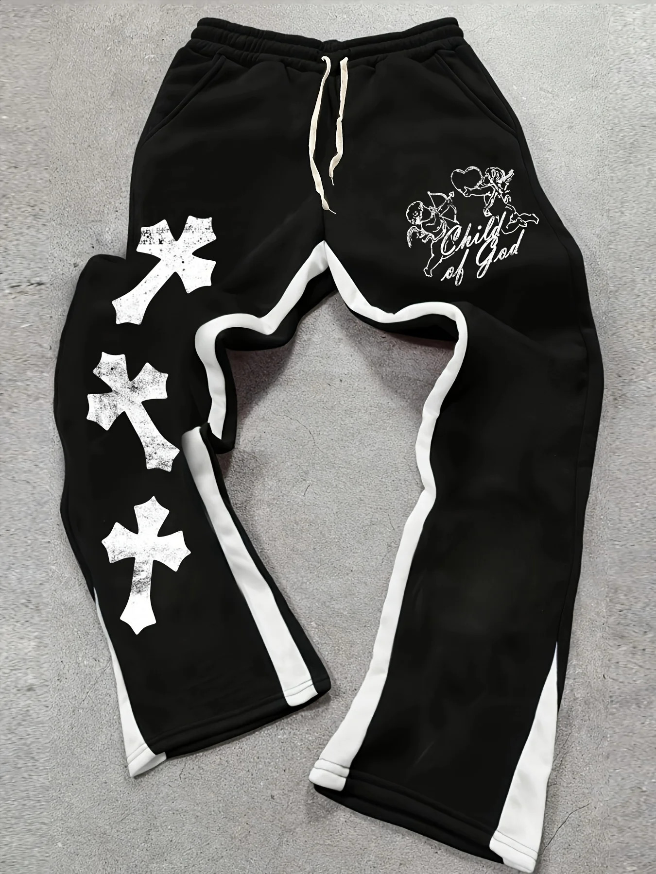 Mens Casual Street Style Trendy Cross Print Fashionable Slightly Flared Black and White ColorBlock Sweatpants 250826