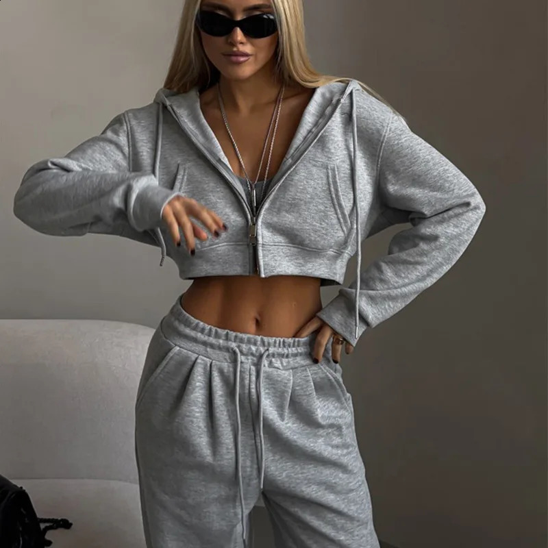 Casual Sport Tracksuit Women Hooded Two Pieces Set Sweatshirts Zipper Solid High Waist Pockets Pants Suit Outwear Autumn 250826