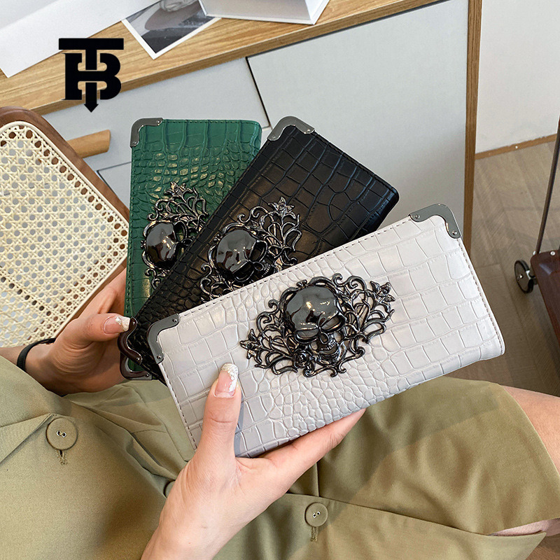 TB BHULAMTE Designer High-end Personalized Skull Head Women's Handbag New Fashion Long Wallet Punk Style Zipper Phone Bag Multi Card Slot Card