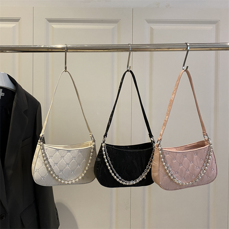 Summer New Korean Style Pearl Metal Double Chain Commuter Large Capacity Single Shoulder Handbag Underarm Bag