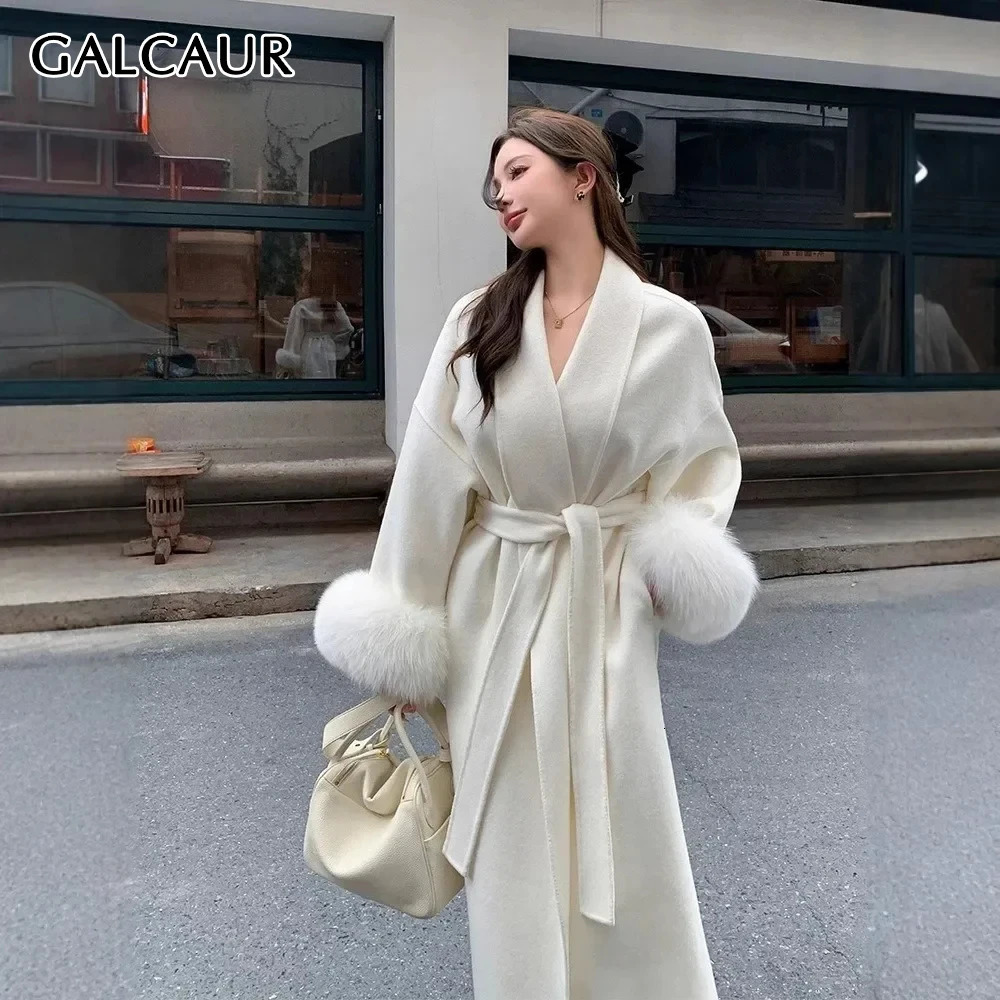 GALCAUR Solid Loose Spliced Fur Wool Coats for Women Lapel Long Sleeves Patchwork Lace Up Fashion Coat Female Clothing 250815