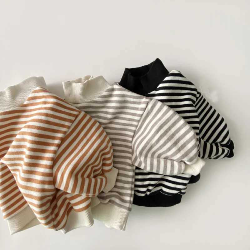 Baby Girls Striped Tops 2023 Autumn Winter New Kids Thick Warm Highneck Sweatshirt Cotton Clothes Toddler Boys Tees Z250826
