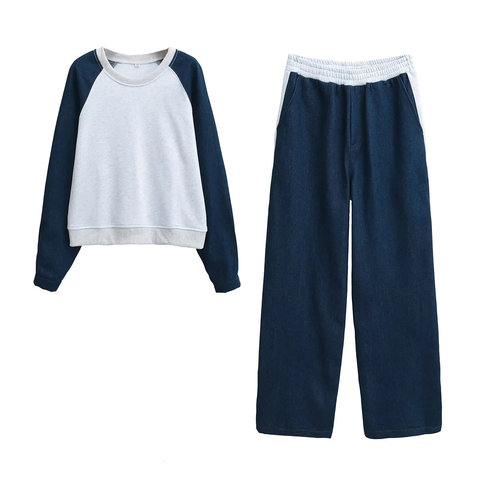 TRAFZA 2025 Female Casual Hoodies SweashirtElastic Waist Long Sleeper Pants 2 Pieces Set Navy Blue Denim Patchwork Pants Fall250825