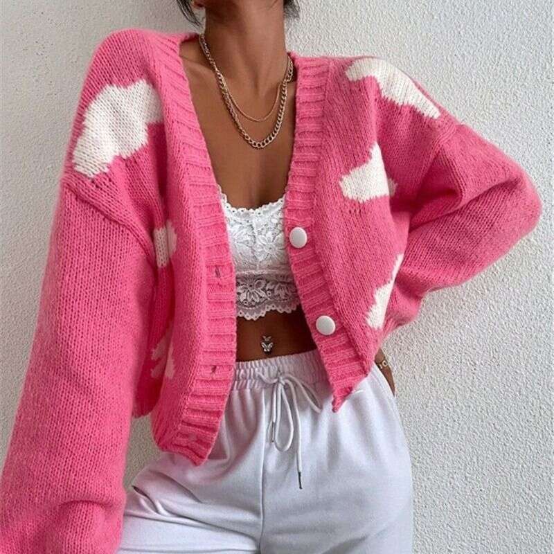 Women's Clothing Loose V Neck Cloud Drop Shoulder Knitted Cardigan Three Button Sweater Short Coat