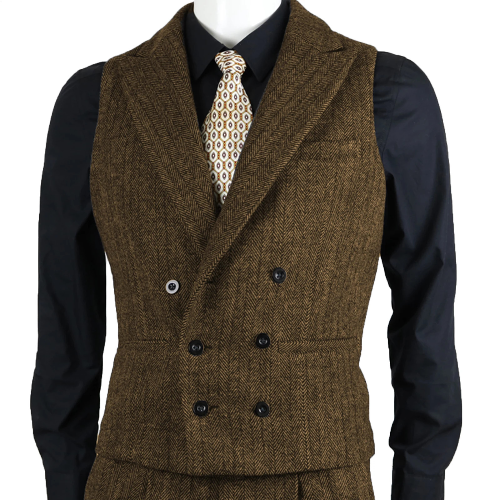 Mens Suit Vest Herringbone Tweed Slim Fit Waistcoat Double Breasted Sleeveless Jacket For Wedding250826