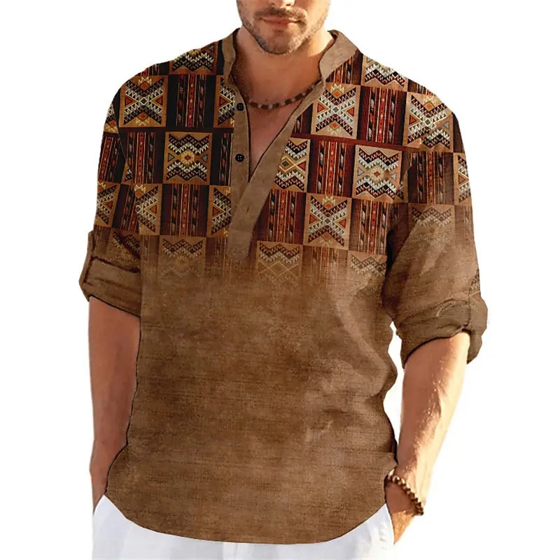 Tribal Ethnic Style 3D Print Vintage Henley Shirts Mens Casual Fashion Stand Collar Long Sleeve Shirt Tops Blouse Man Clothing250825