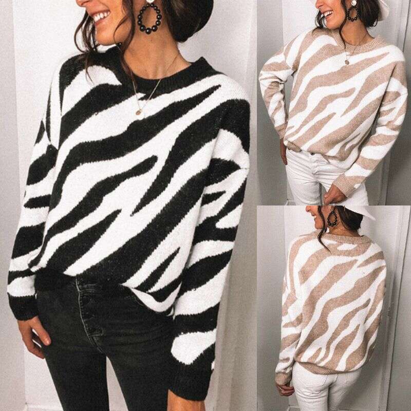Women's round neck long sleeve zebra autumn and winter knitted sweater women's dress