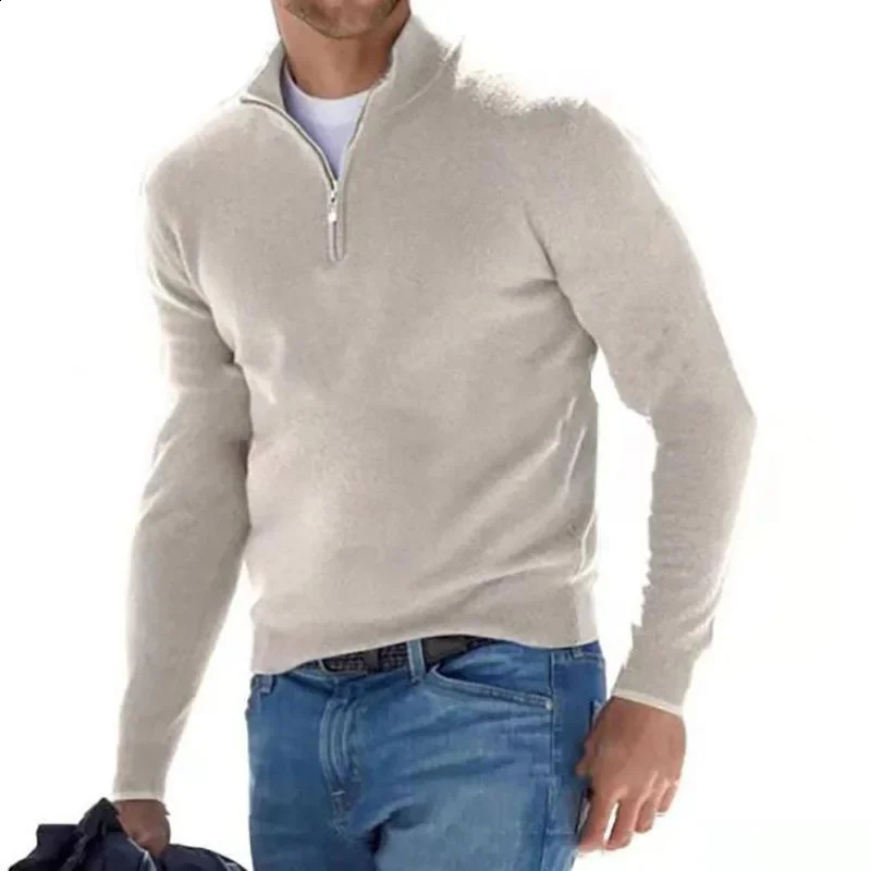 Autumn Longsleeved Vneck Zipper Mens Sweater Casual Top Male Polo Shirt 250826
