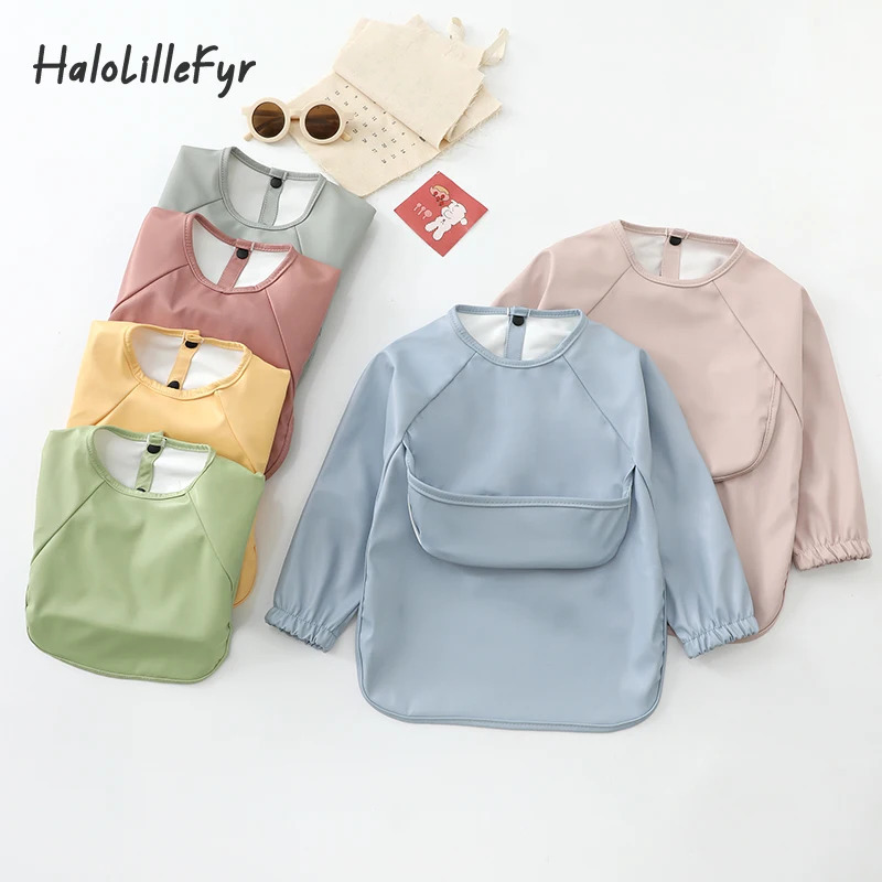 Solid Color Babys Waterproof Bibs Easy Clean Childrens Long Sleeve Painting Smock for Toddlers Feeding Apron Baby Accessories250825