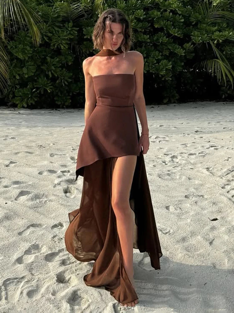 TARUXY Fashion Strapless Dress With Ribbon Female Elegant Sleeveless Mesh Beach Vacation Long Dress 2025 Spring Women Dress250825