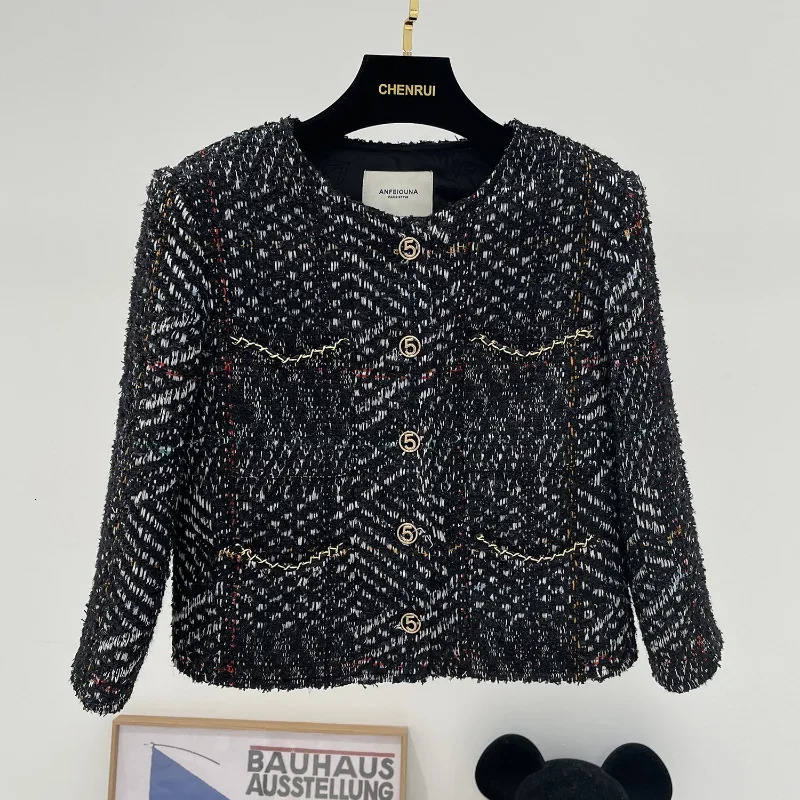 Small Fragrance Wool Black Coat Women Round Neck Fashion Korea Chic Office Cropped Sleeves High Quality French Tweed Lady 250826