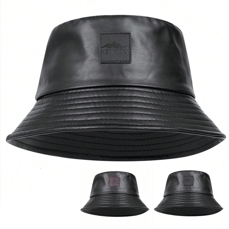 Unisex PU Leather Label Mountain Stamp Range Bucket Hats Fishermen Caps Outdoor Casual Cap Sunscreen Hat 250821