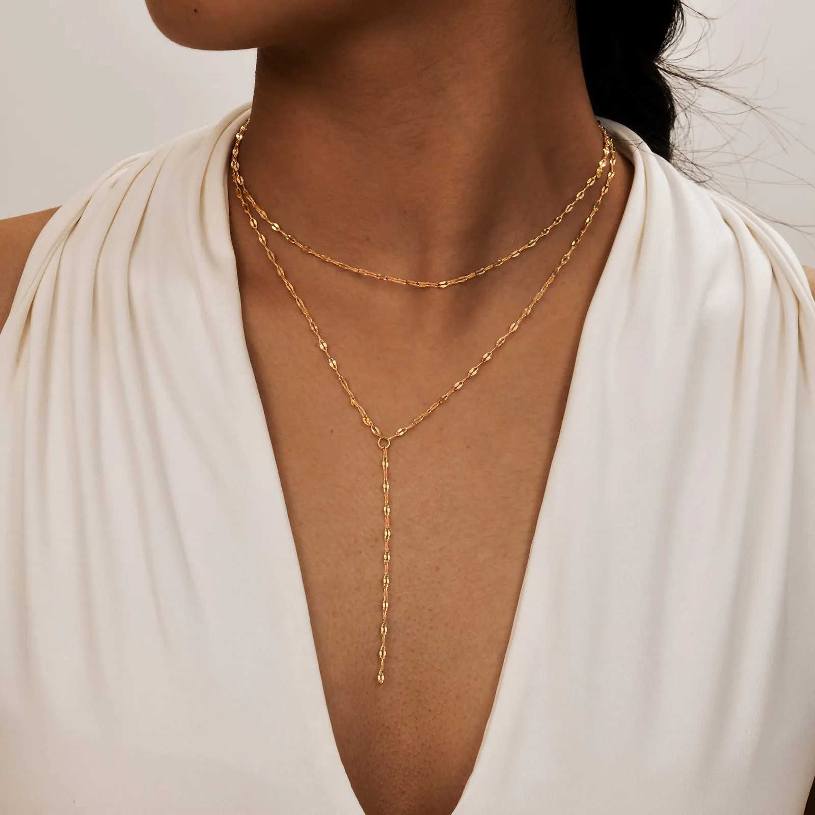 2024 Stainless Steel Lip Chain Double Layered Fringe Necklace Gold Color Choker Fashion Jewelry Long Necklace Sets for WomenXJ250826