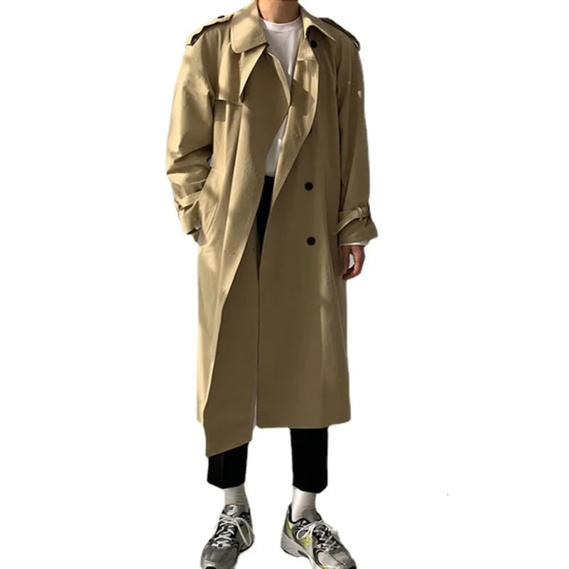 Korean Version of Solid Color Casual Double Breasted Lapel Trench Coat Mens Spring and Autumn Loose Long w250825