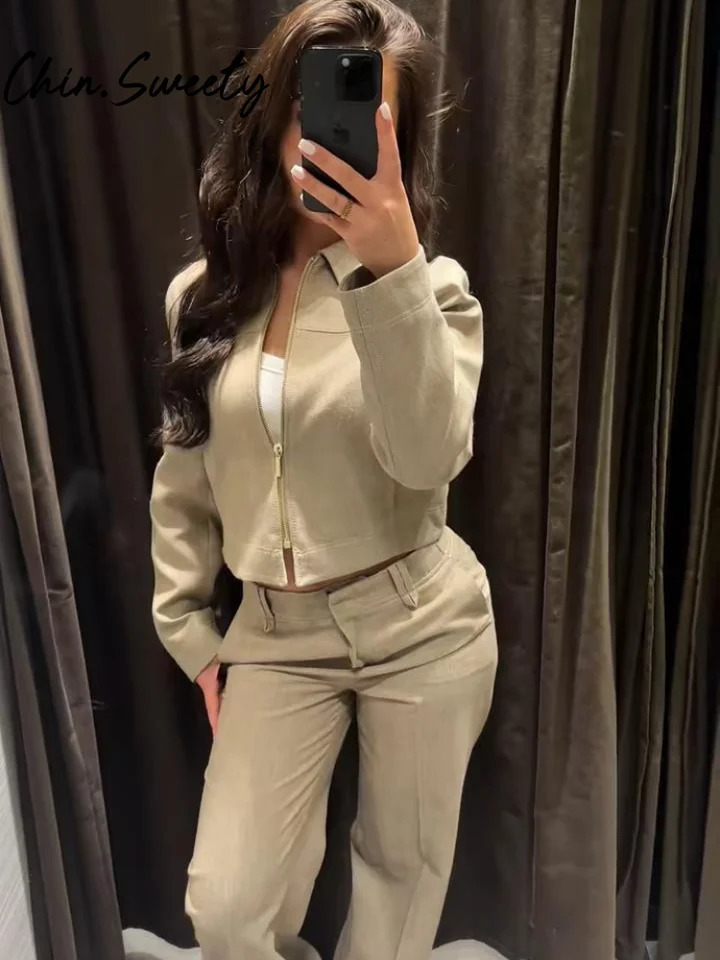 Loose Coat Pant Sets Women Elegant Button Long Sleeve Jacket Zipper Pleated Straight Trousers 2025 Autumn Street Lady Outfit250825