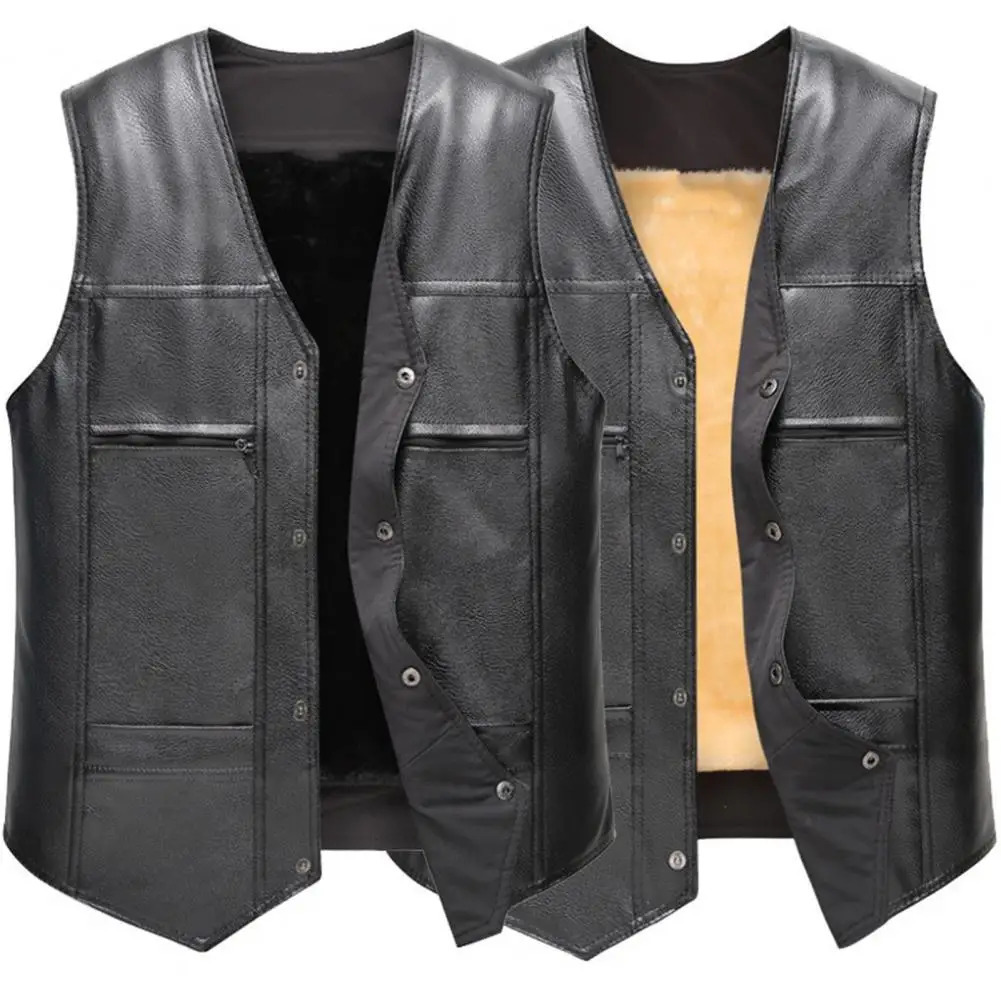 Winter Men Vest Stylish Faux Leather Motorcycle for Warm Autumn Jacket Single Breasted Vneck Coat 250818