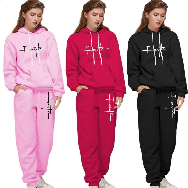 Womens Casual Tracksuit 2pcs Set Hoodie and Sweatpants Faith Printed Sportswear High Quality Ladies Home Outdoor Fashion Outfit 250826