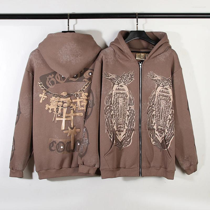 Men's Hoodies High Street Mud Dyed Embossed Print Zipper Hooded Unisex Cardigan Ropa Hombre Fleece Baggy Sweatshirts Oversized
