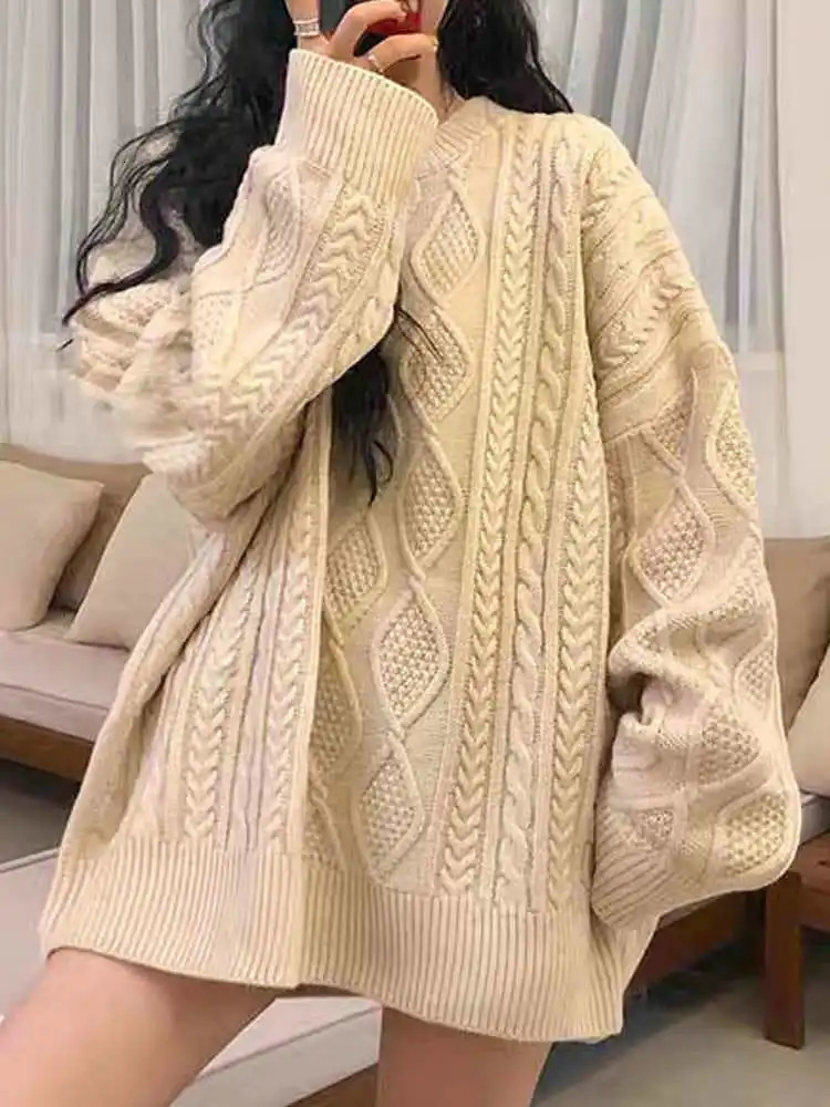 Women Chunky Cable Knit Sweater Pink Ivory Crew Neck Oversized Jumper Pullovers Autumn Winter Outfit 250819