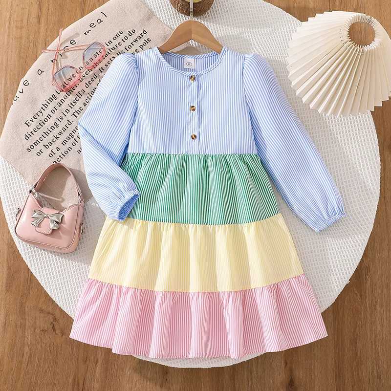 Spring Summer Cute Girls Dress Ch7 Years Old Crew Neck Puff Long Sleeve Multi Paneled Skirt Sweet Elegant Everyday FashionXJ250826