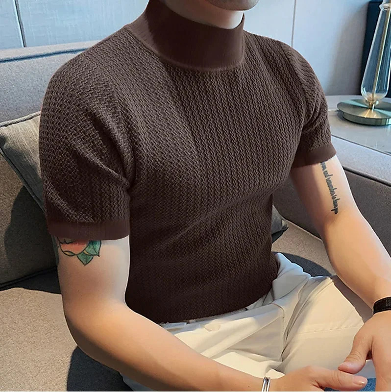 Summer casual simple knitted base shirt European and American mens high neck water ripple solid color Tshirt250825