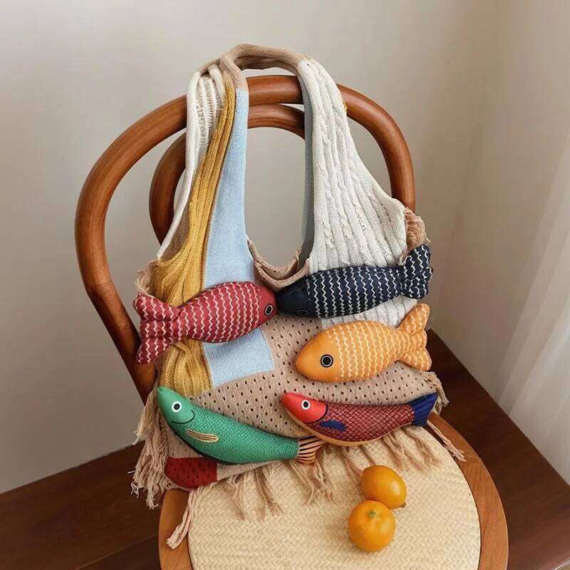 Designer Bags Fashion Creative Woven Shoulder Handmade Fish Handbag Cute New Large Capacity Beach Color Matching Ladies Underarm Bag Luxury Bag