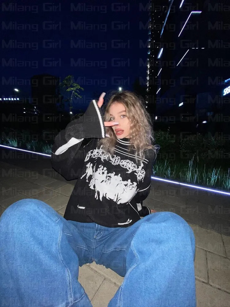 Hip Hop Streetwear Knitted Sweater Men Women Gothic Hassett Pattern Oversized Sweater Pullover Winter Harajuku Cotton sweater 250815
