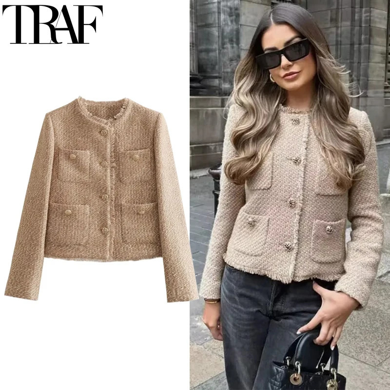 TRAF Jackets Outerwears Cropped Tweed Jacket Women Autumn Long Sleeve Solid Coats Texture Winter Coat Female Elegant Short 250826
