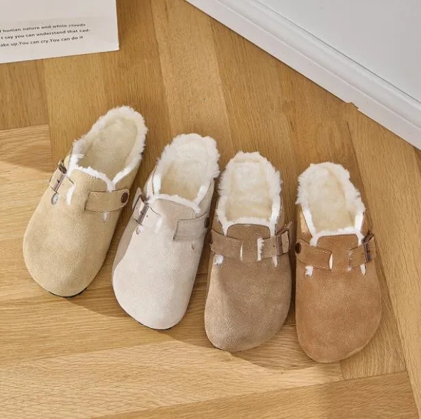 Snow Slippers Shoes women Boots AutumnWinter New Style Suede Wrapped Half Drag Cotton Shoes with Thickened Genuine Leather and Cow Reversed Fleece