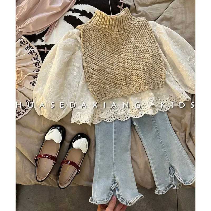 3-Piece Set of Fashionable Knitted Shirts for Children Spring Autumn Korean Childrens Clothing New Girls Vintage Suit XJ250815