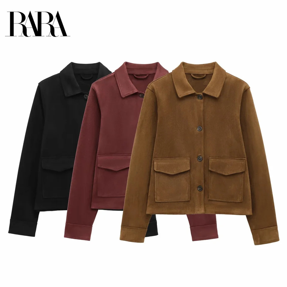 RARA Spring Womens Casual Simple Lapel Long Sleeve Suede Texture Effect Jacket Pocket Decoration 250825