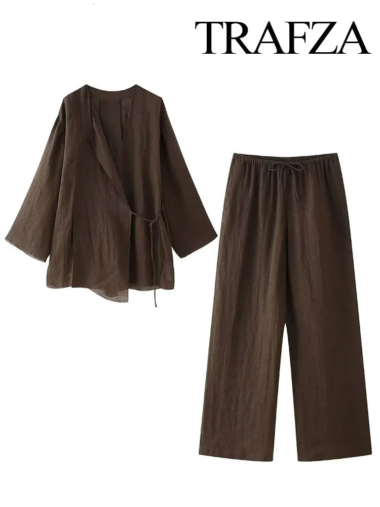 TRAFZA 2024 Spring Linen Suits For Women Fashion Linen Brown Cardigan Kimono Top Lace Up Wild Casual Womens Wide Leg Pant250825
