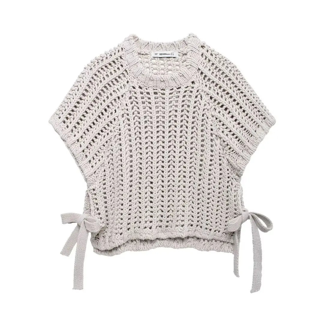 Hollow Out Knit Pullover Women Casual Round Neck Lace Up Bow Sweater Female Autumn Short Sleeves Solid Knitwears Lady 250815