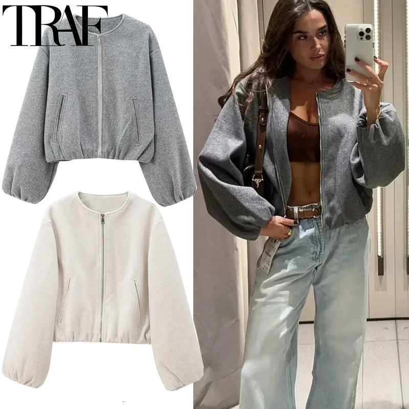 TRAF Outerwears Cropped Bomber Jacket Women Autumn Long Sleeve Faux Wool Coats For Woman Winter Zip Up Gray Beige Short 250826
