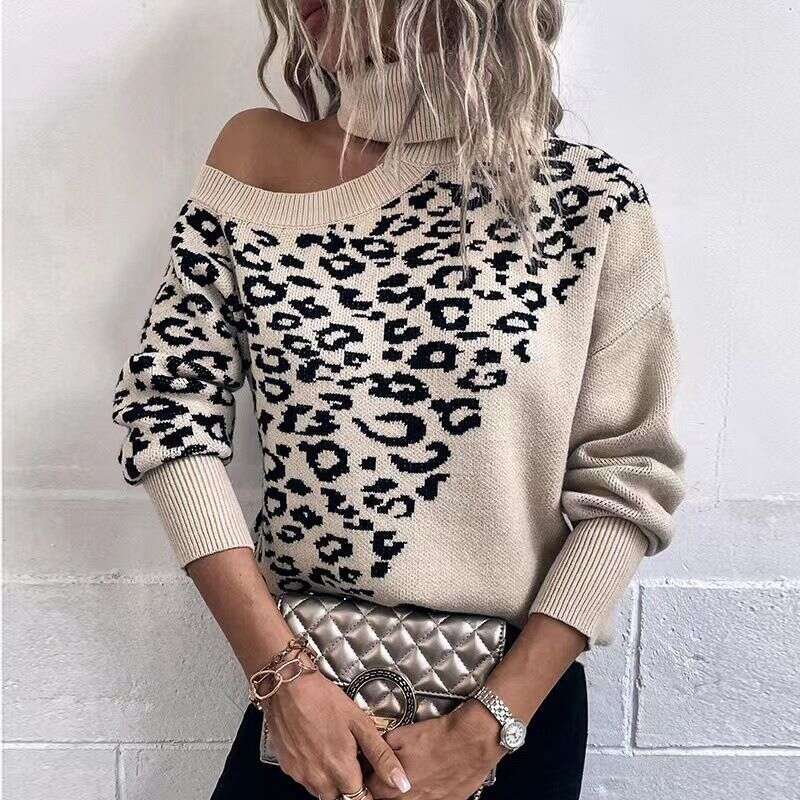 Women's clothing fashion women's leopard print long-sleeved for women off-the-shoulder sweater